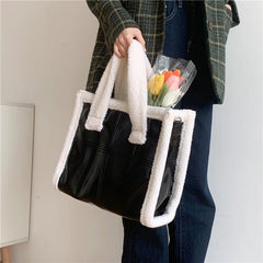 Women Shoulder Bags Lamb Wool Stitching Leather Ladies Large Casual Tote Bag