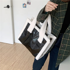 Women Shoulder Bags Lamb Wool Stitching Leather Ladies Large Casual Tote Bag
