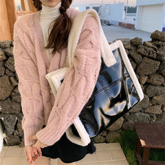 Women Shoulder Bags Lamb Wool Stitching Leather Ladies Large Casual Tote Bag
