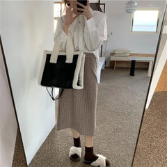 Women Shoulder Bags Lamb Wool Stitching Leather Ladies Large Casual Tote Bag