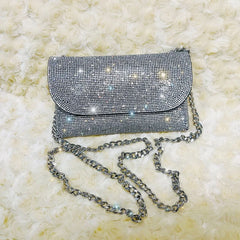 Rhinestone Chain Clutch Evening Bag Silver Crystal Handbag