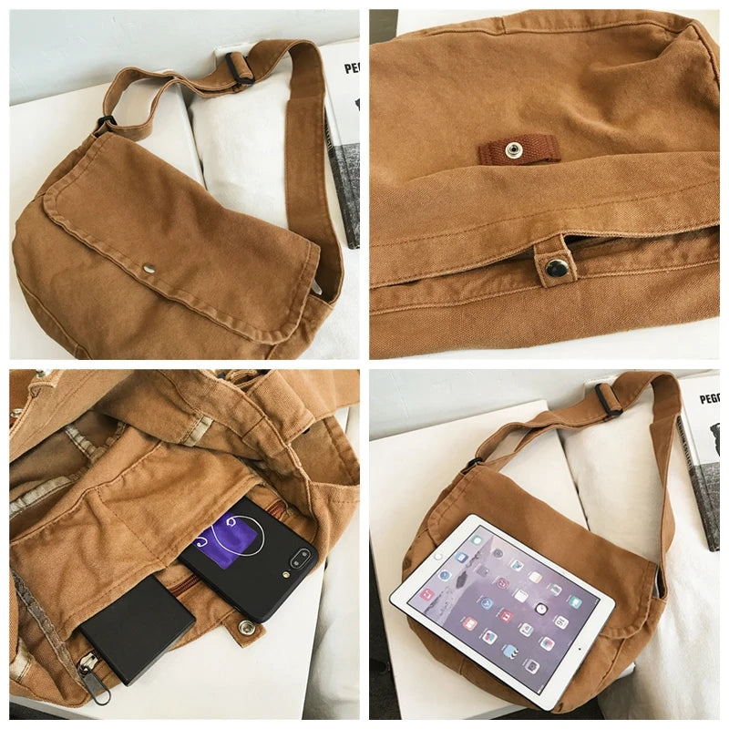 Vintage Canvas Tote Bag with Zipper and Pocket