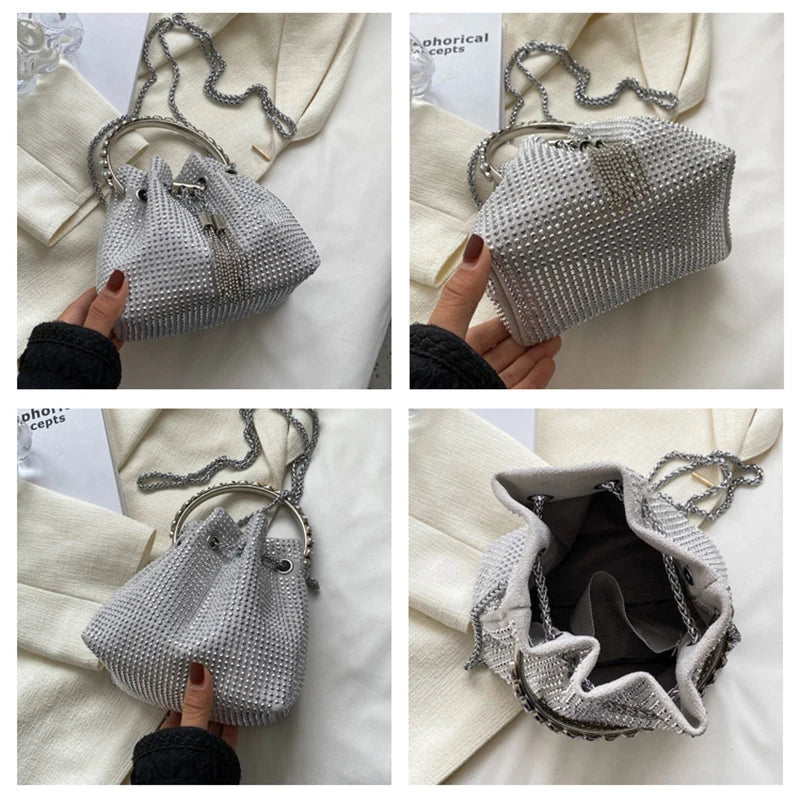 Diamond Decorative Chain Shoulder Bucket Bag for Women