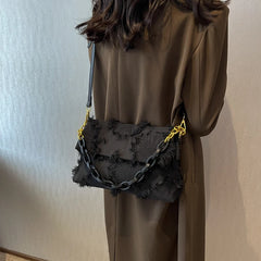 Canvas Shoulder Bag Women Chain Fold Over Clutch Small Crossbody Bag
