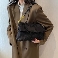 Canvas Shoulder Bag Women Chain Fold Over Clutch Small Crossbody Bag