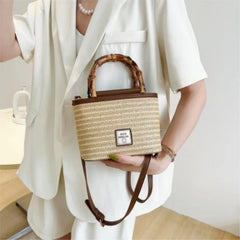Straw Bucket Bag for Women Summer Lady Travel Purse Shoulder Crossbody