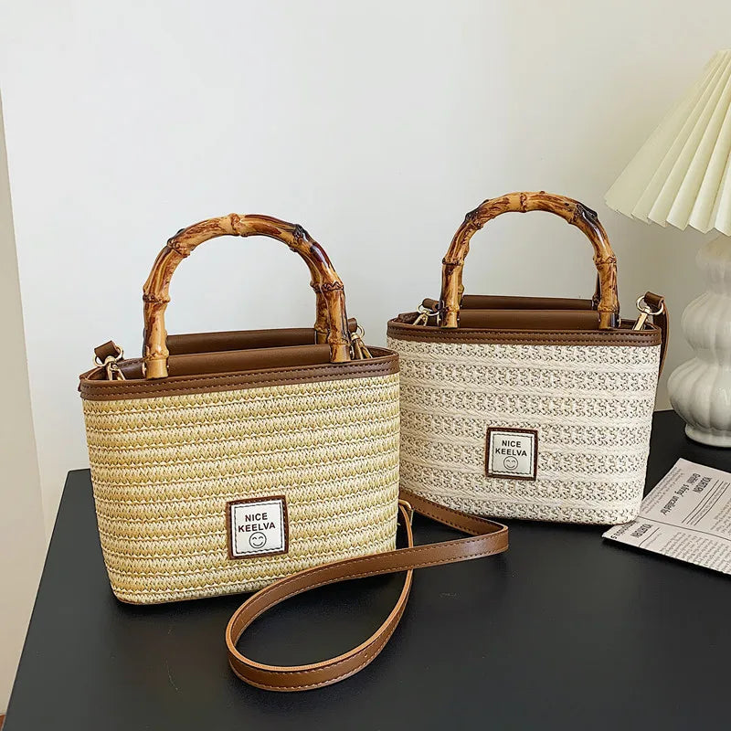 Straw Bucket Bag for Women Summer Lady Travel Purse Shoulder Crossbody