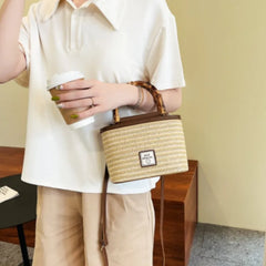Straw Bucket Bag for Women Summer Lady Travel Purse Shoulder Crossbody