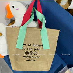 Cotton & Linen Printed Tote Bag, Large Capacity, Casual Shopping Purse