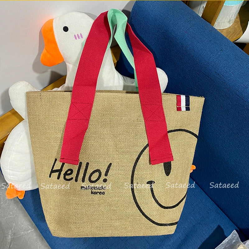 Cotton & Linen Printed Tote Bag, Large Capacity, Casual Shopping Purse