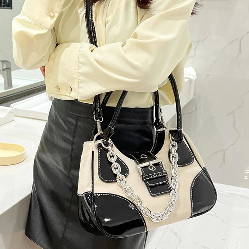 High Women's Leather Tote Shoulder Bag, Contrast Female Crossbody