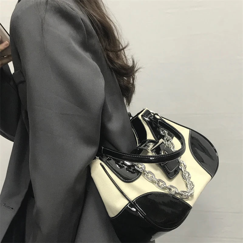 High Women's Leather Tote Shoulder Bag, Contrast Female Crossbody