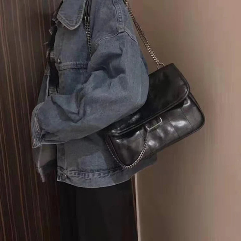 Vintage Shoulder Bag Chains Messenger Bags Soft PU Leather Flap Crossbody Pack F