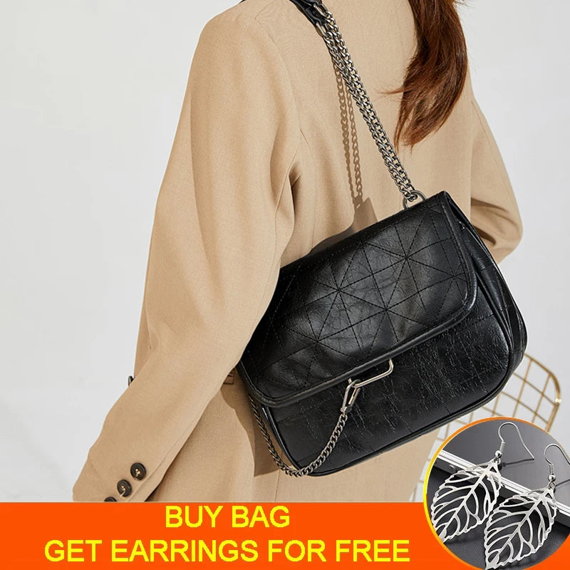 Vintage Shoulder Bag Chains Messenger Bags Soft PU Leather Flap Crossbody Pack F