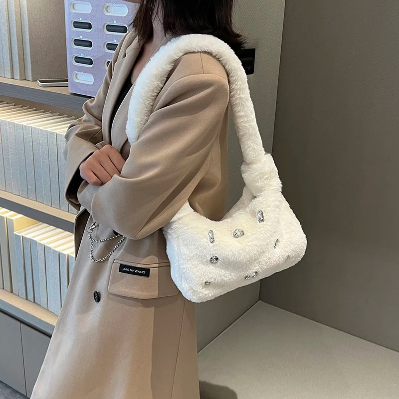 Fluffy Faux Fur Armpit Bag for Women Shopping Handbags
