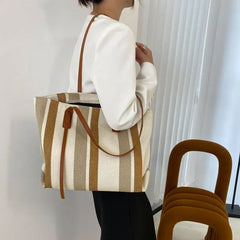 Stripes Handbags Casual Female Bucket Shopper Tote Bag Large Capacity
