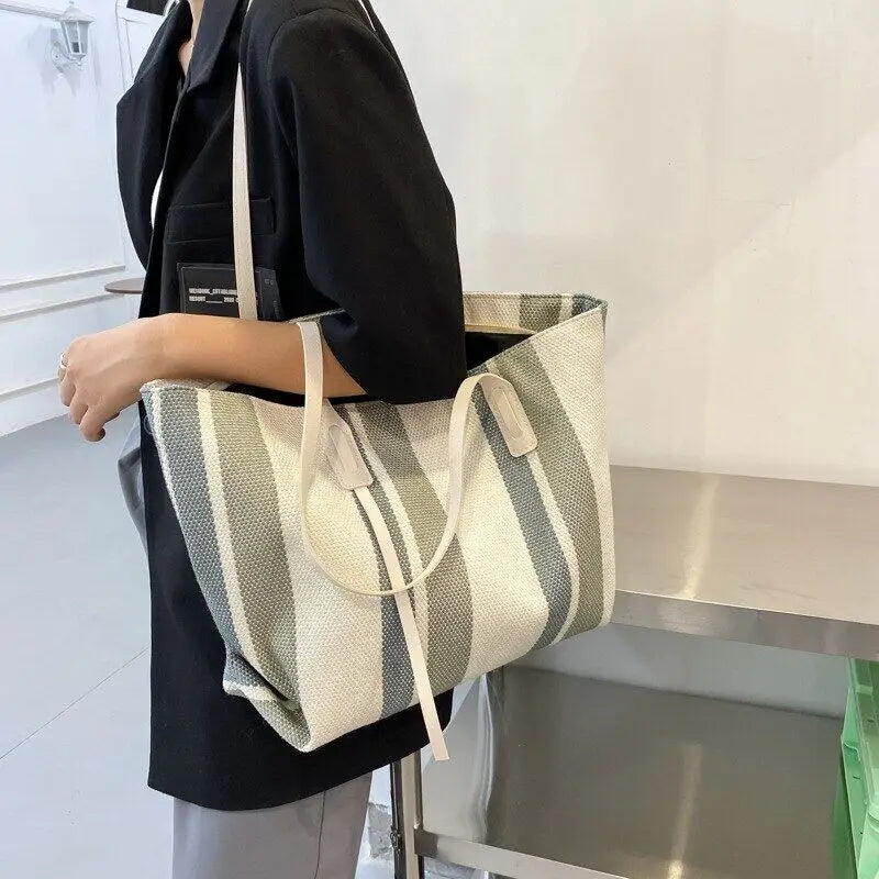 Stripes Handbags Casual Female Bucket Shopper Tote Bag Large Capacity