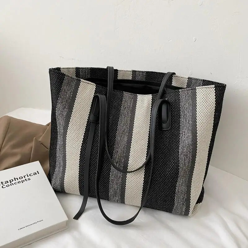 Stripes Handbags Casual Female Bucket Shopper Tote Bag Large Capacity