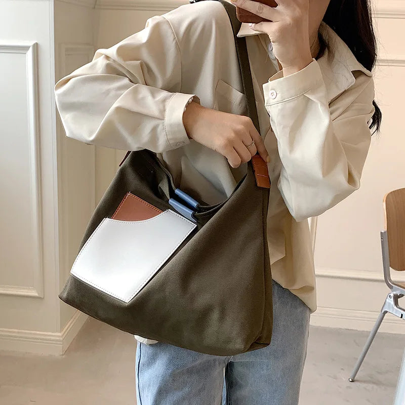Women's Stitching Canvas Shoulder Bag Casual Messenger Handbag