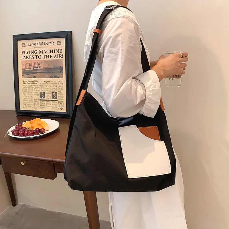 Women's Stitching Canvas Shoulder Bag Casual Messenger Handbag