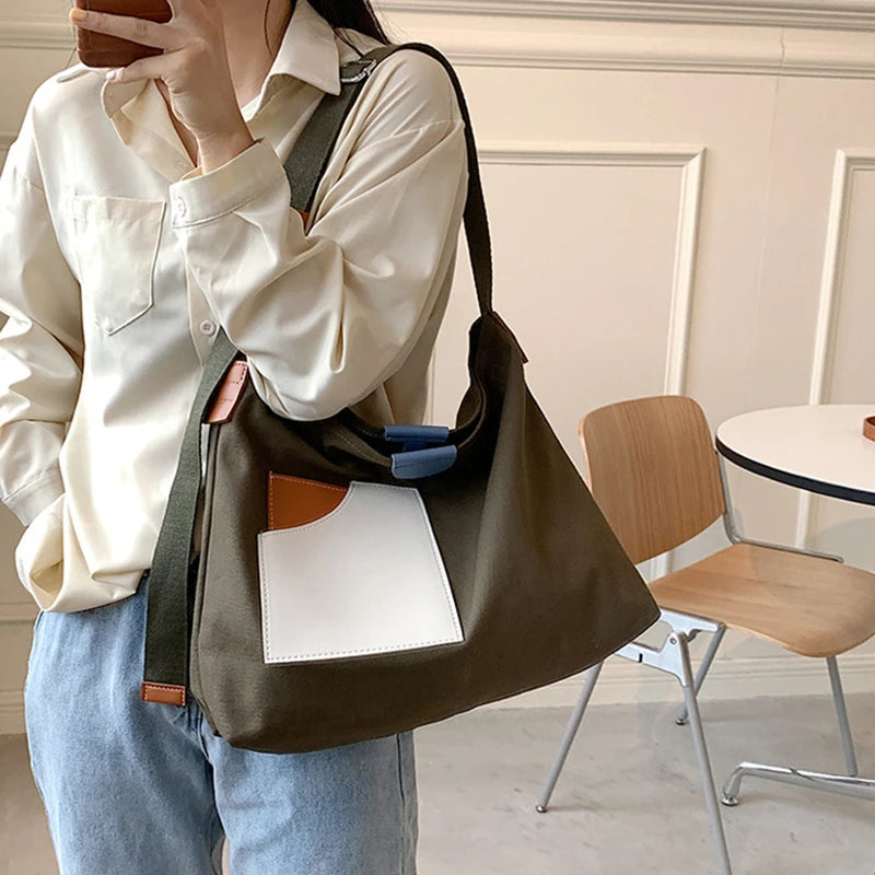 Women's Stitching Canvas Shoulder Bag Casual Messenger Handbag