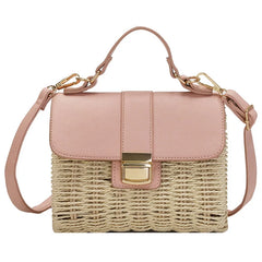 Straw Woven Women Shoulder Bags Leather Splice Straw Crossbody Bags