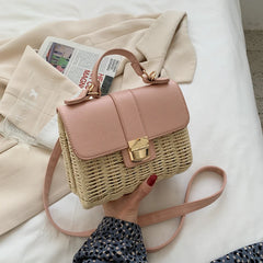 Straw Woven Women Shoulder Bags Leather Splice Straw Crossbody Bags