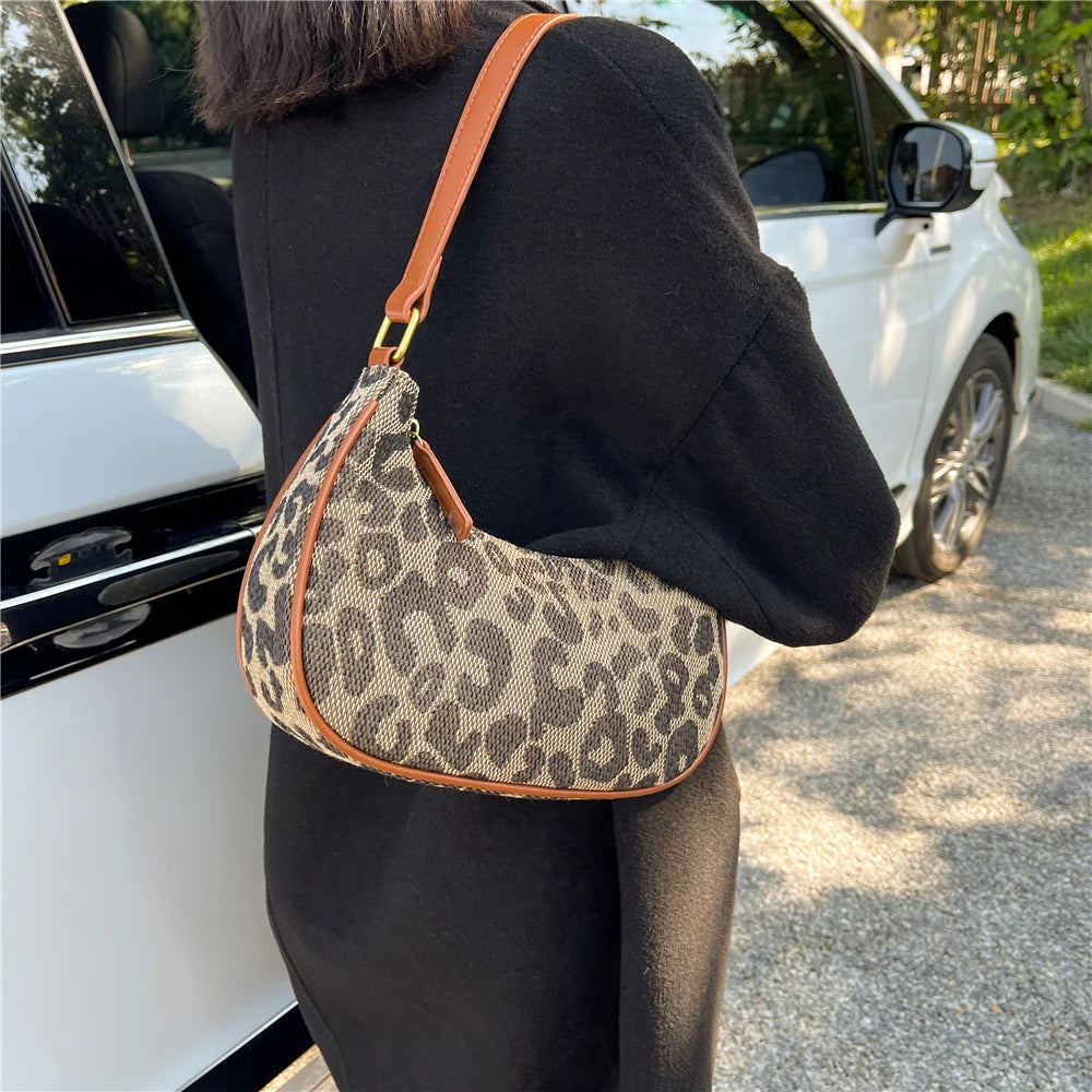 Leopard Print Half Moon Small Handbags for Women Autumn Canvas Shoulder Bags