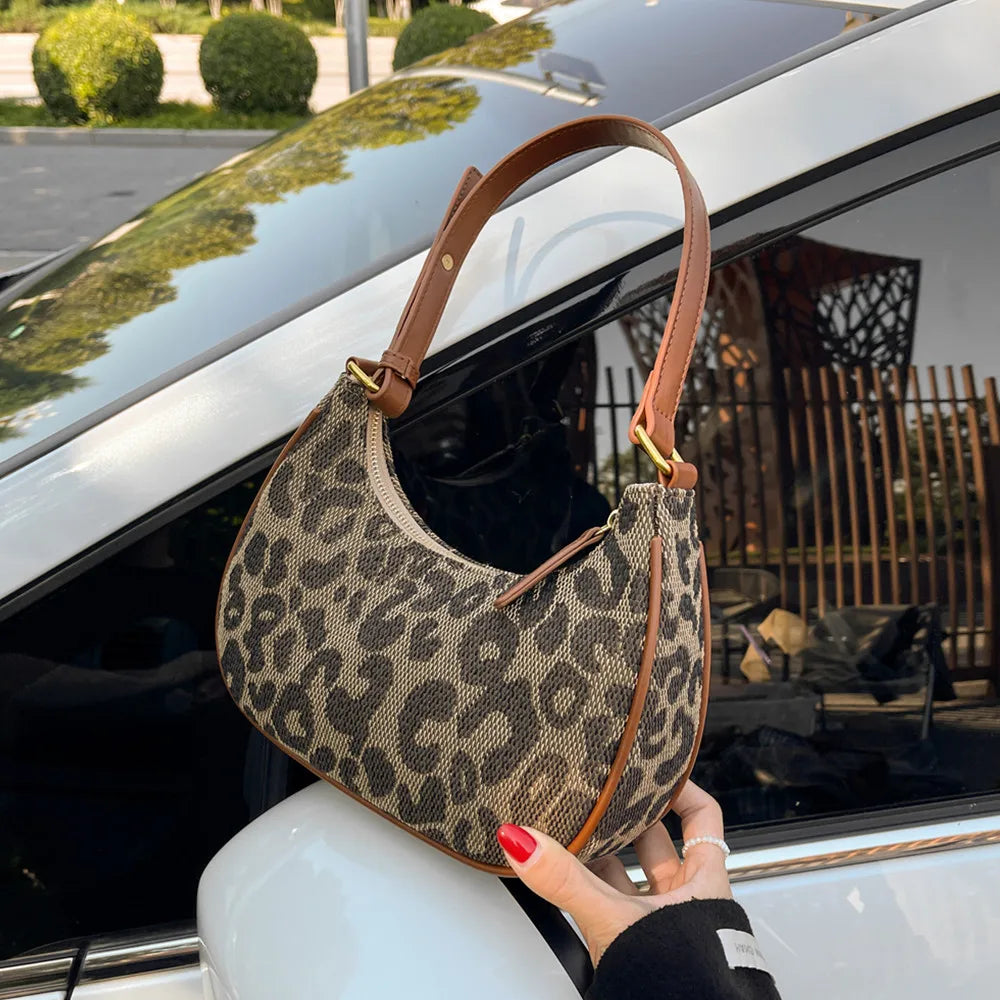 Leopard Print Half Moon Small Handbags for Women Autumn Canvas Shoulder Bags
