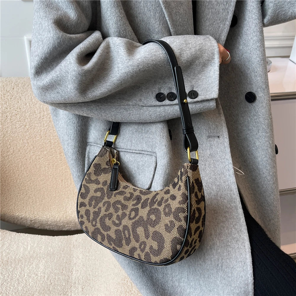 Leopard Print Half Moon Small Handbags for Women Autumn Canvas Shoulder Bags
