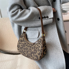 Leopard Print Half Moon Small Handbags for Women Autumn Canvas Shoulder Bags