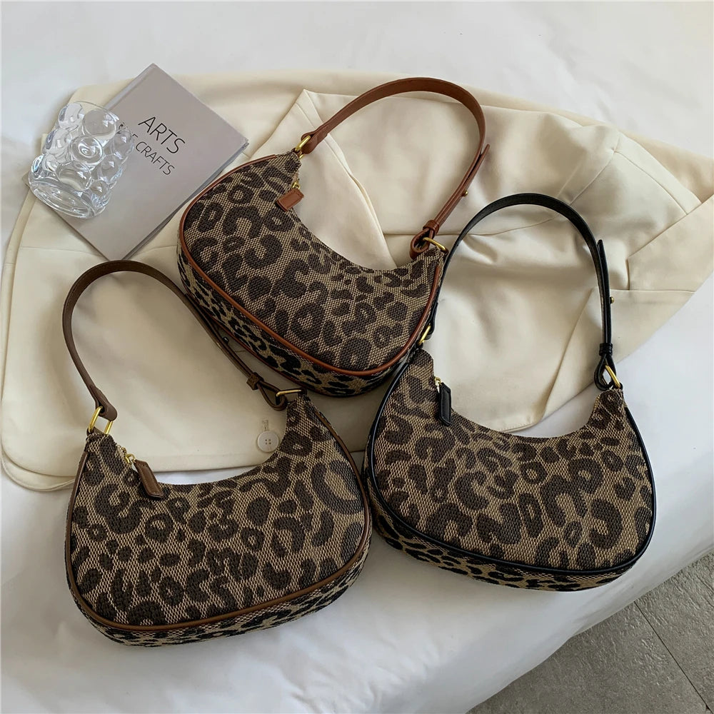 Leopard Print Half Moon Small Handbags for Women Autumn Canvas Shoulder Bags