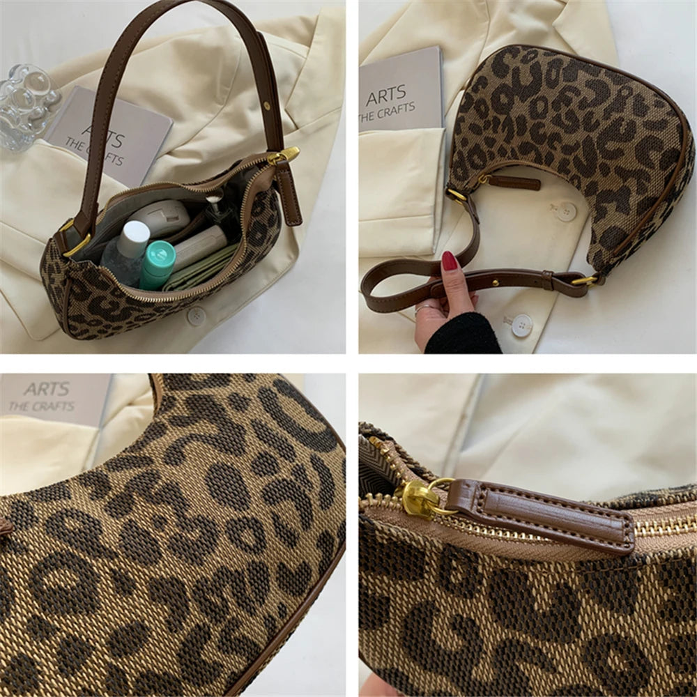 Leopard Print Half Moon Small Handbags for Women Autumn Canvas Shoulder Bags