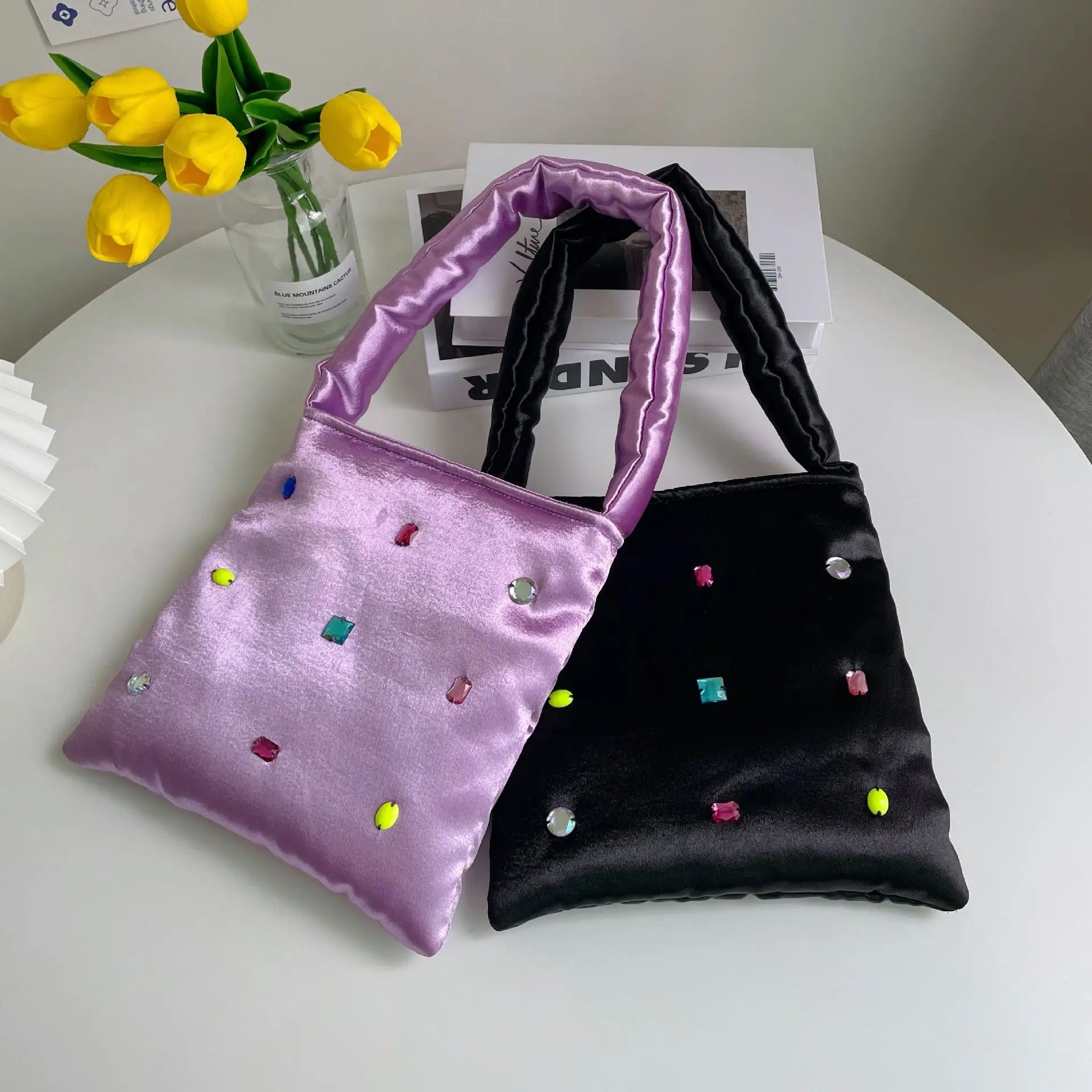 Retro Stuffed Cotton Small Shoulder Bag with Diamonds