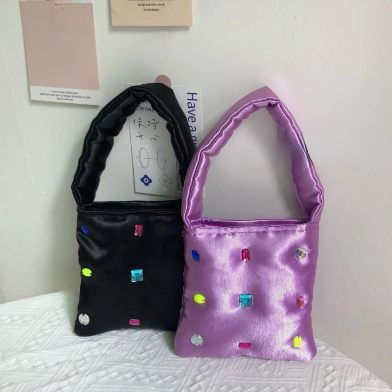 Retro Stuffed Cotton Small Shoulder Bag with Diamonds