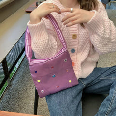 Retro Stuffed Cotton Small Shoulder Bag with Diamonds