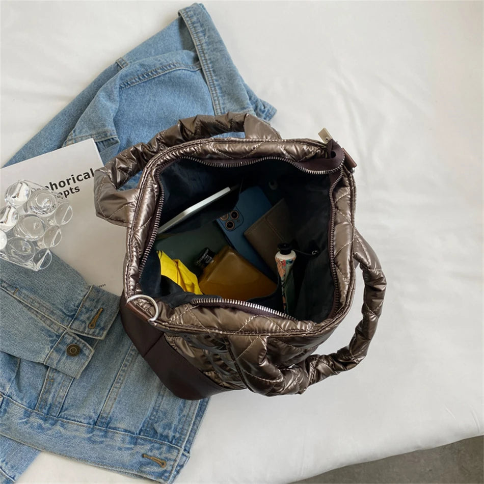 Women's Quilted Down Fabric Bucket Bag Shoulder Crossbody Handbag