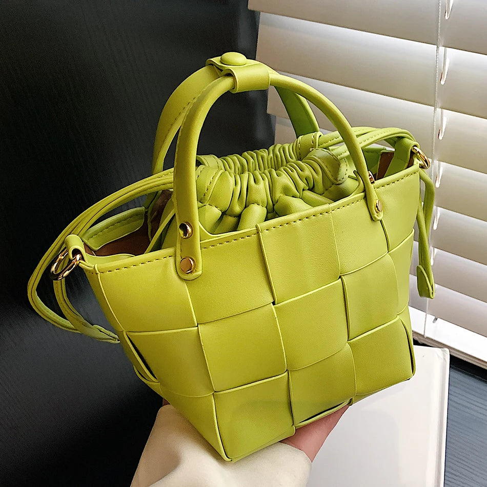 Women's Weave PU Leather Bucket Bag Shoulder Crossbody Totes