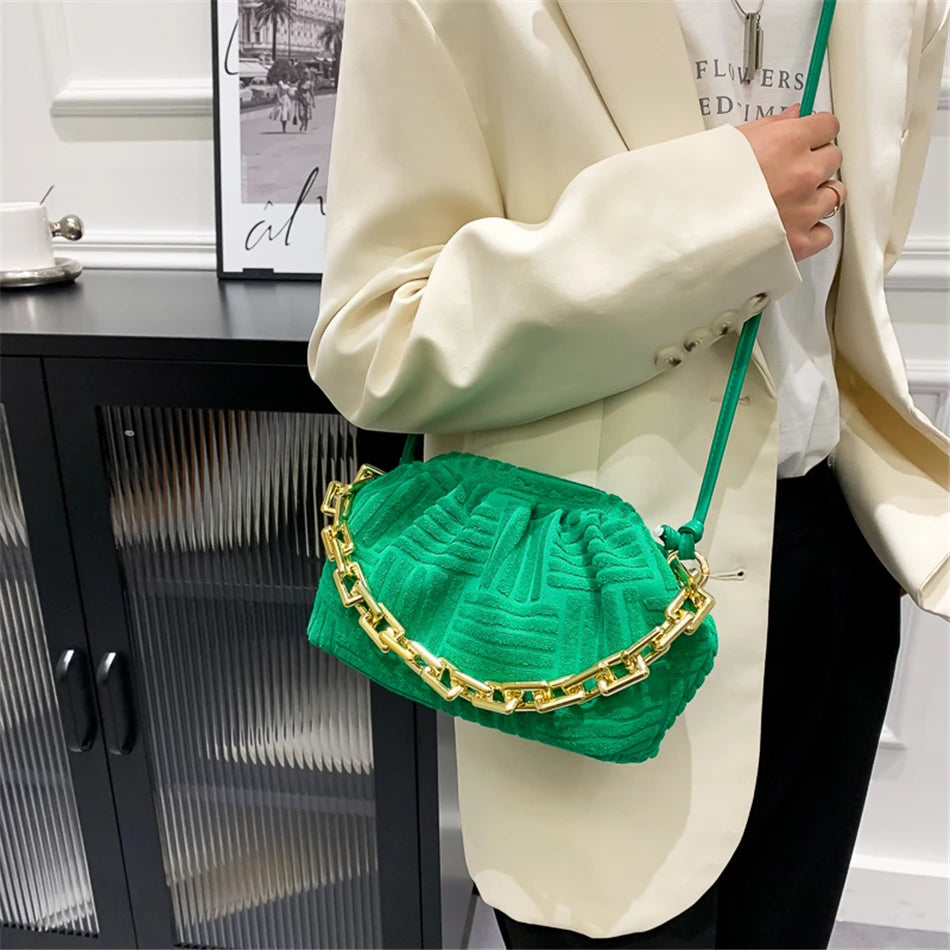 Women's Cloud HandBags Fabric Clip Clutch Shoulder Chains Lady Crossbody Bag