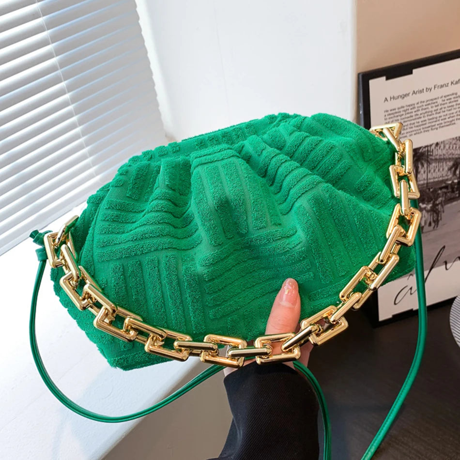 Women's Cloud HandBags Fabric Clip Clutch Shoulder Chains Lady Crossbody Bag
