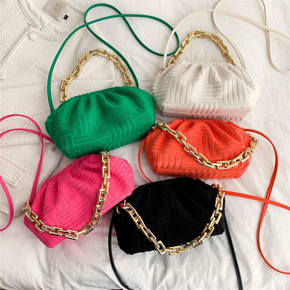 Women's Cloud HandBags Fabric Clip Clutch Shoulder Chains Lady Crossbody Bag