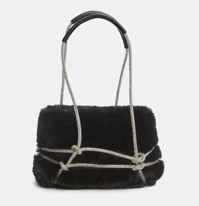 Diamonds Shoulder Bags Women Fur Fluffy Party All-match Vintage Winter Handbags