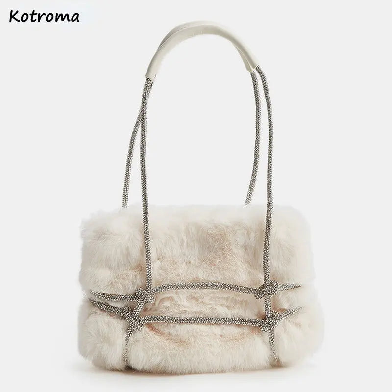 Diamonds Shoulder Bags Women Fur Fluffy Party All-match Vintage Winter Handbags