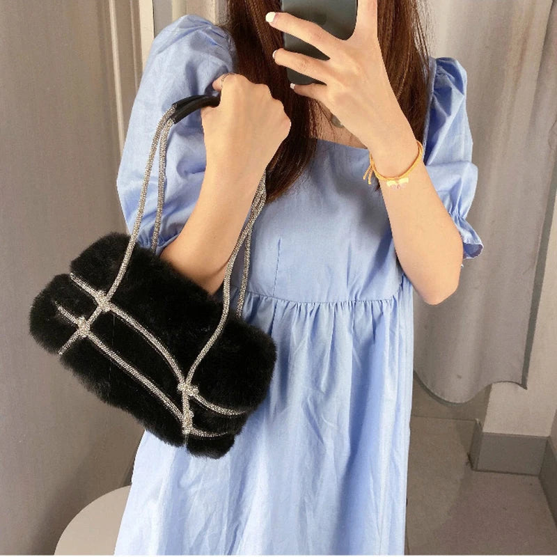 Diamonds Shoulder Bags Women Fur Fluffy Party All-match Vintage Winter Handbags