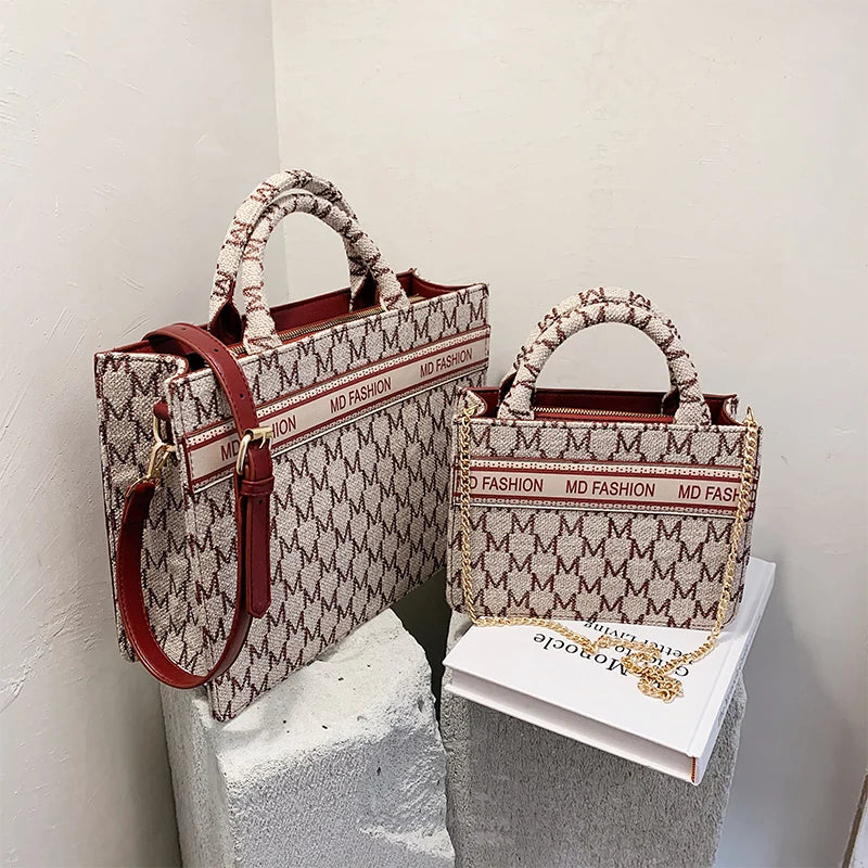 Letter Embroidery Shoulder Handbag with Chain - Large Capacity Tote Bag