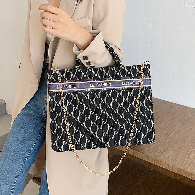 Letter Embroidery Shoulder Handbag with Chain - Large Capacity Tote Bag