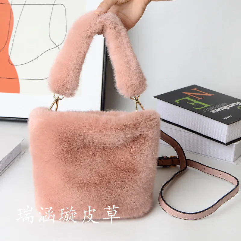Winter Faux Fur Crossbody Bag Bucket Shoulder Handbag Ladies Clutch Purse