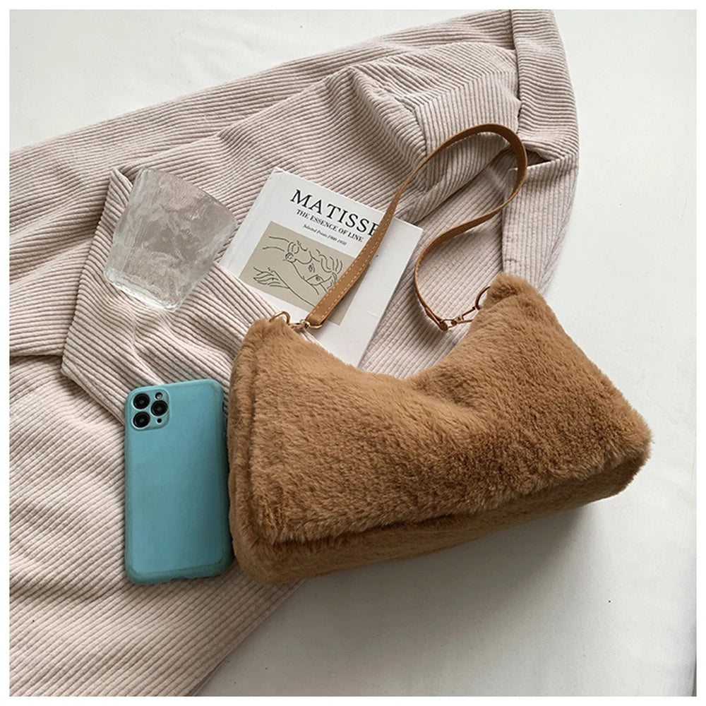 Faux Fur Mini Tote Bag Women Handbags Lady Purses Fluffy Soft Plush Shopper Bag