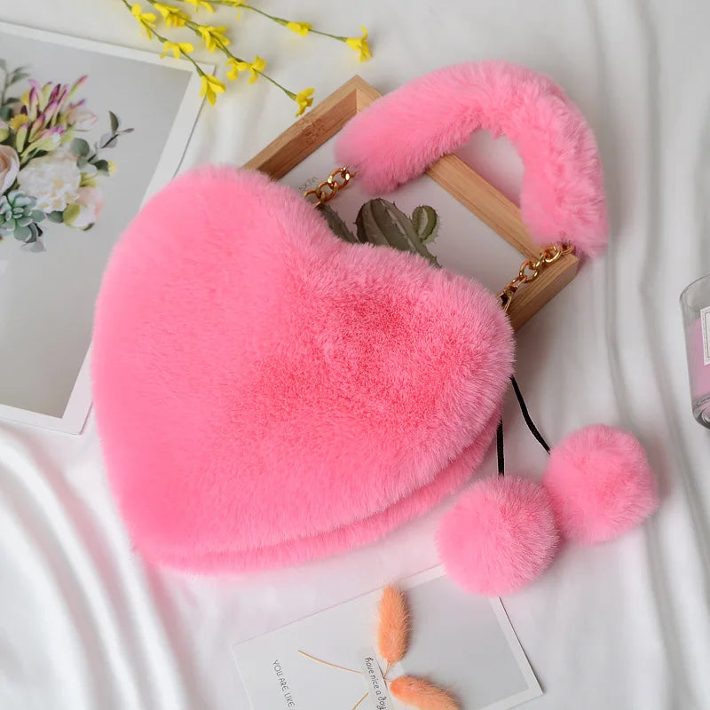 Faux Fur Heart-shaped Small Handbag Fluffy Chain Shoulder Bag