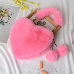 Faux Fur Heart-shaped Small Handbag Fluffy Chain Shoulder Bag